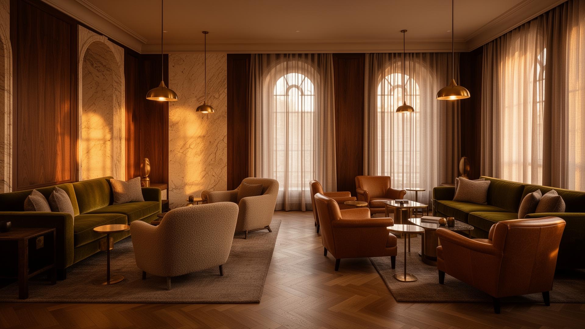 Refined private members' lounge interior with warm lighting, walnut paneling and velvet seating