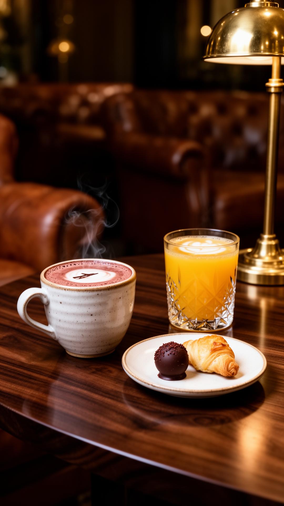 Artisan hot chocolate, coffee, fresh juice and patisserie on a walnut table